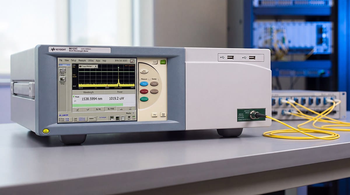 Máy đo bước sóng đa kênh Keysight 86122C trên bàn đo trong phòng lab quang, dây nhảy sợi quang vàng nối vào cổng optical input