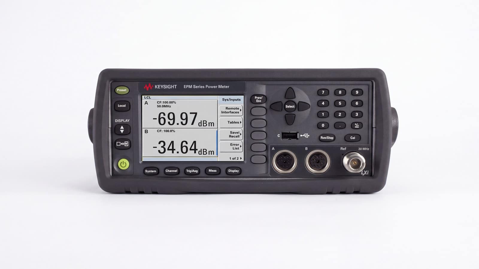 Mặt trước Keysight N1914A với màn hình màu và hai cổng cảm biến kênh A, B