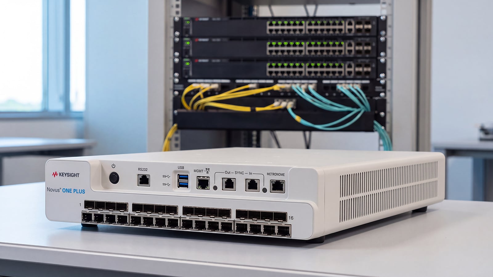 Máy đo kiểm mạng Keysight Novus ONE PLUS trên bàn lab, phía sau là tủ rack switch và dây nhảy quang