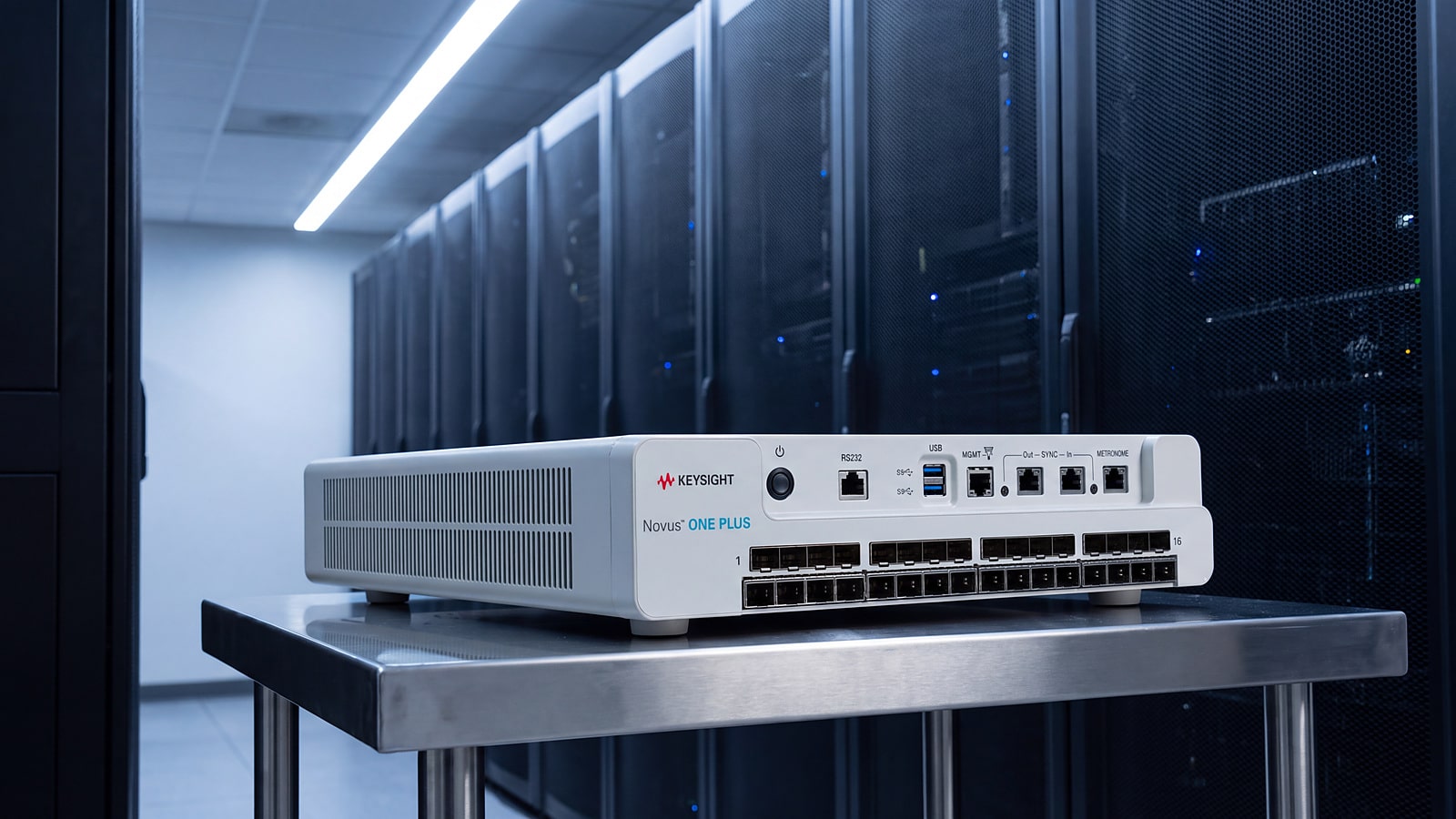 Máy đo kiểm mạng Keysight Novus ONE PLUS đặt trên bàn thao tác trong lối đi lạnh của trung tâm dữ liệu