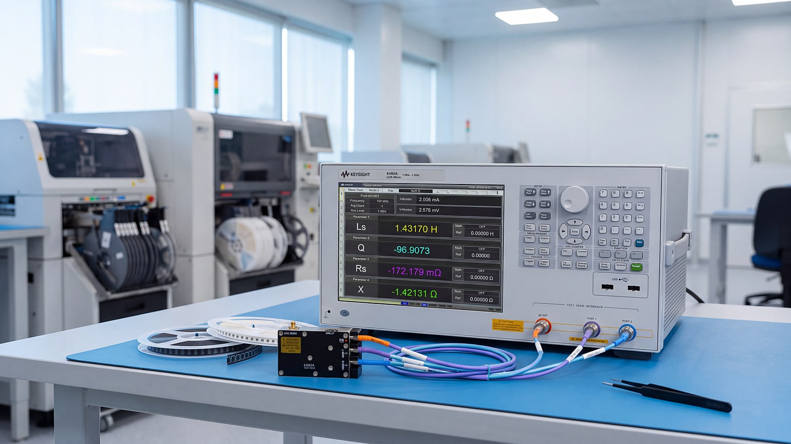 Máy đo LCR tần số cao Keysight E4982A trên bàn ESD trong phòng kiểm tra cuộn cảm chip SMD của nhà máy điện tử