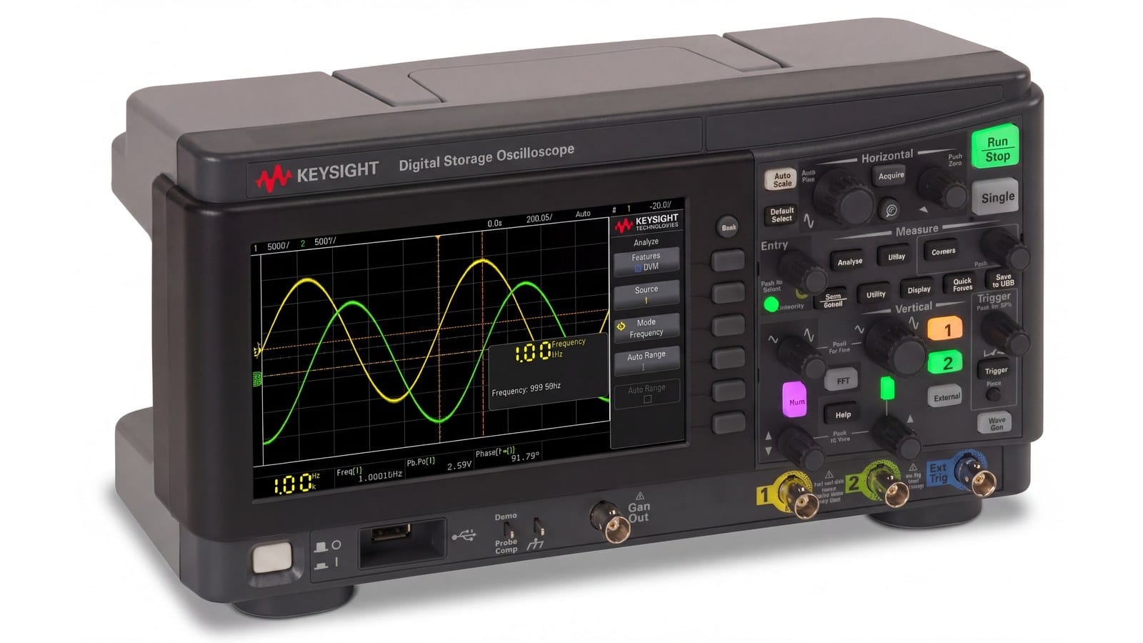 Keysight DSOX1202G nhìn nghiêng, thấy rõ chiều sâu thân máy và cụm phím điều khiển