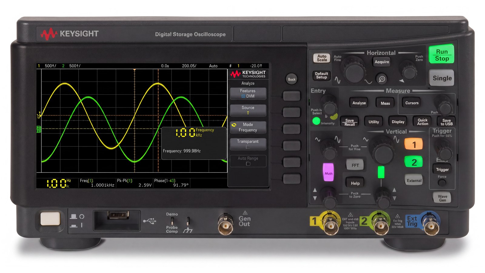 Mặt trước máy hiện sóng Keysight DSOX1202G với màn hình hiển thị dạng sóng và hàng phím mềm