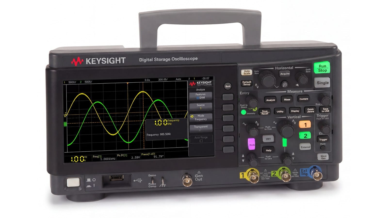 Máy hiện sóng Keysight DSOX1202G góc 3/4 trên nền studio trắng