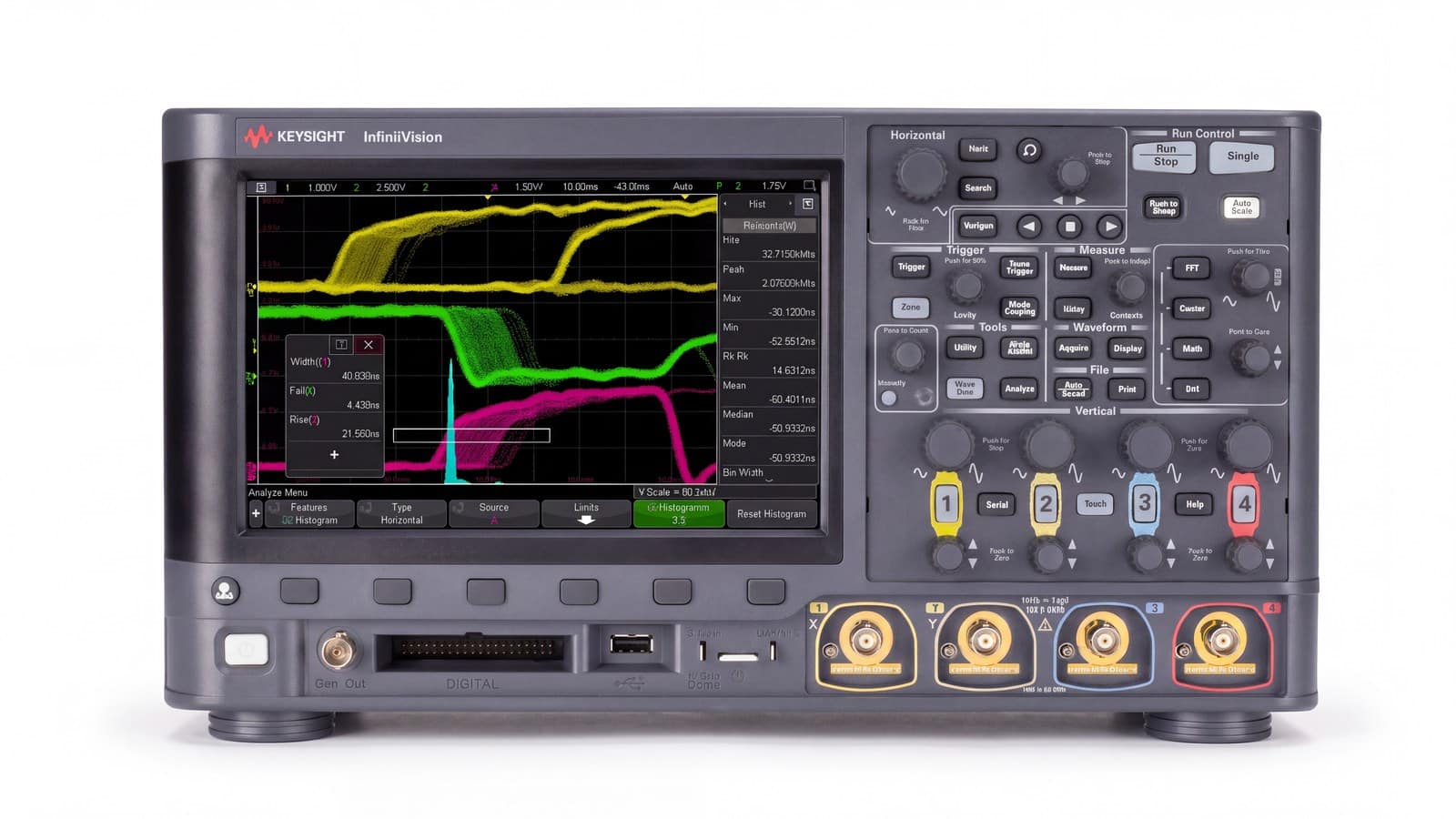 Mặt trước Keysight DSOX3034G với màn hình cảm ứng 8,5 inch và bốn cổng vào kênh tương tự