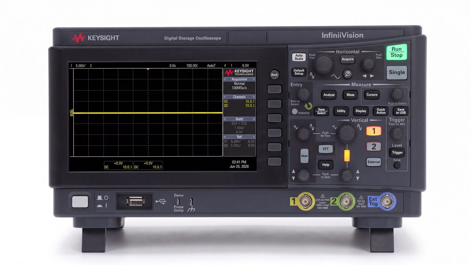 Mặt trước máy hiện sóng Keysight EDUX1052A với màn hình 7 inch và ba cọc BNC