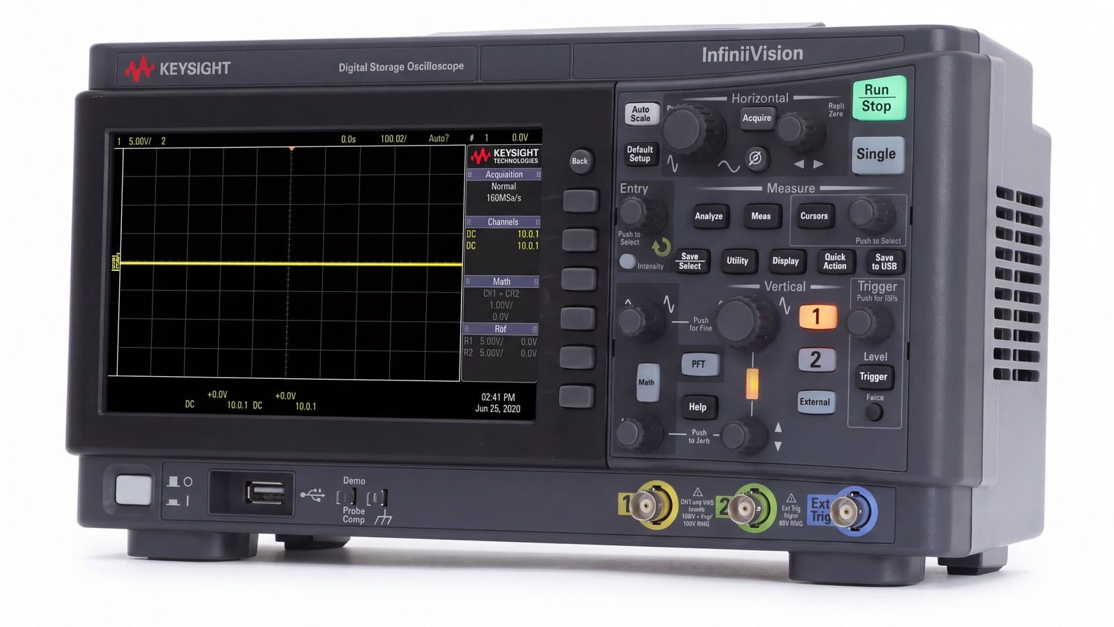 Máy hiện sóng Keysight EDUX1052A nhìn từ góc nghiêng cho thấy chiều sâu thân máy