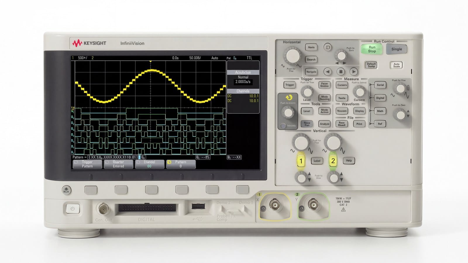 Mặt trước máy hiện sóng Keysight MSOX2012A với cổng đầu vào analog và kênh số