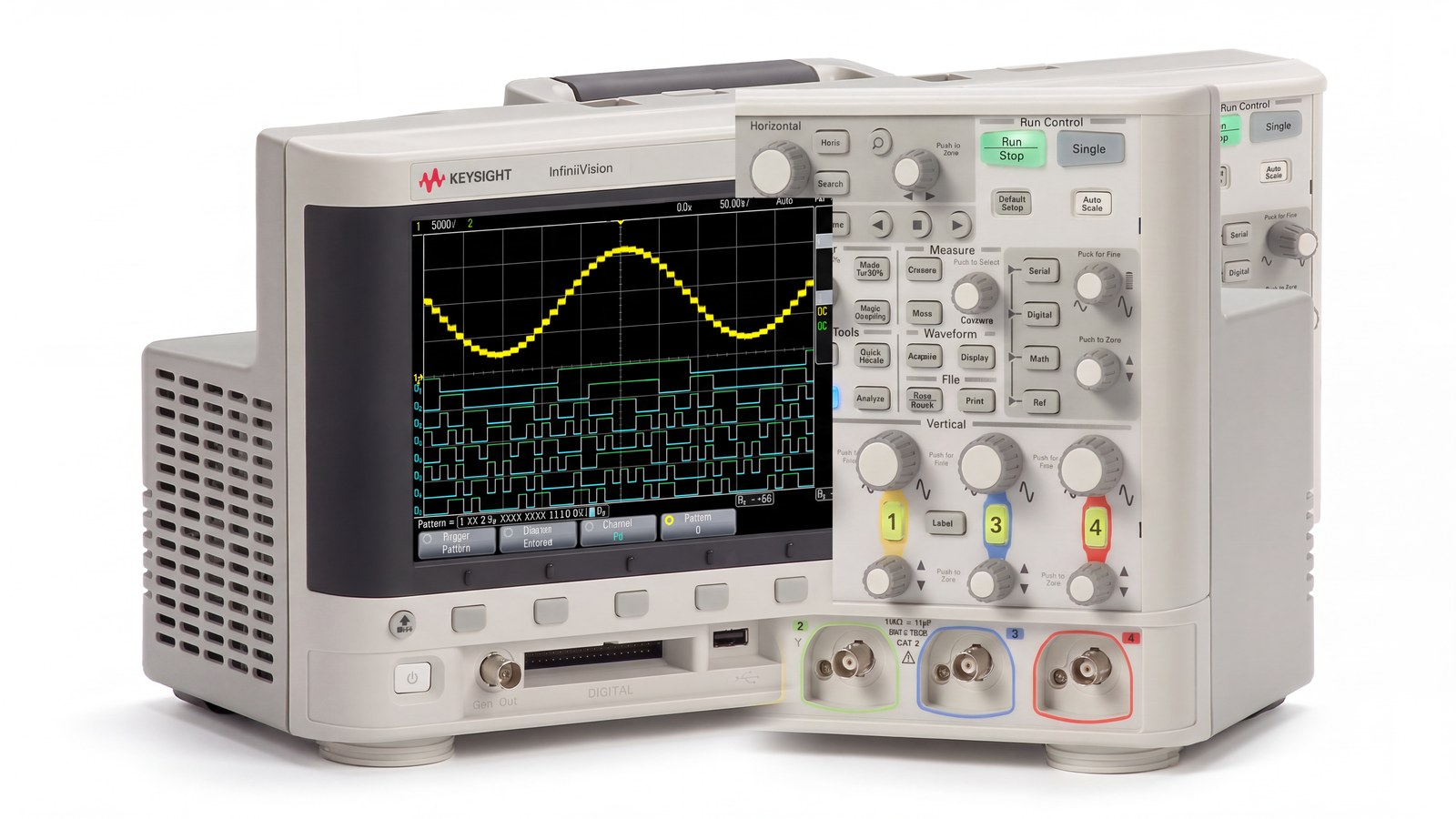 Keysight MSOX2024A góc nghiêng cho thấy thân máy và khe tản nhiệt, thuộc 2000X-Series Keysight