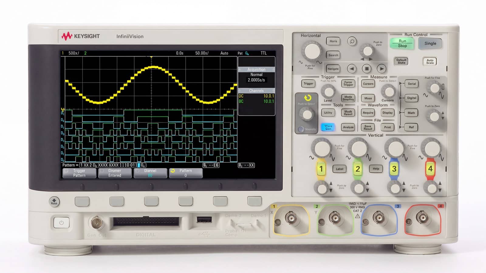 Mặt trước Keysight MSOX2024A: màn hình 8,5 inch, cụm phím Horizontal, Trigger và 4 ngõ vào BNC