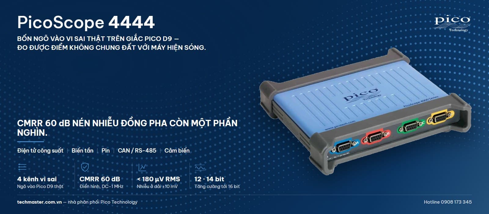 Máy hiện sóng vi sai PicoScope 4444 với CMRR 60 dB và bốn ngõ vào Pico D9