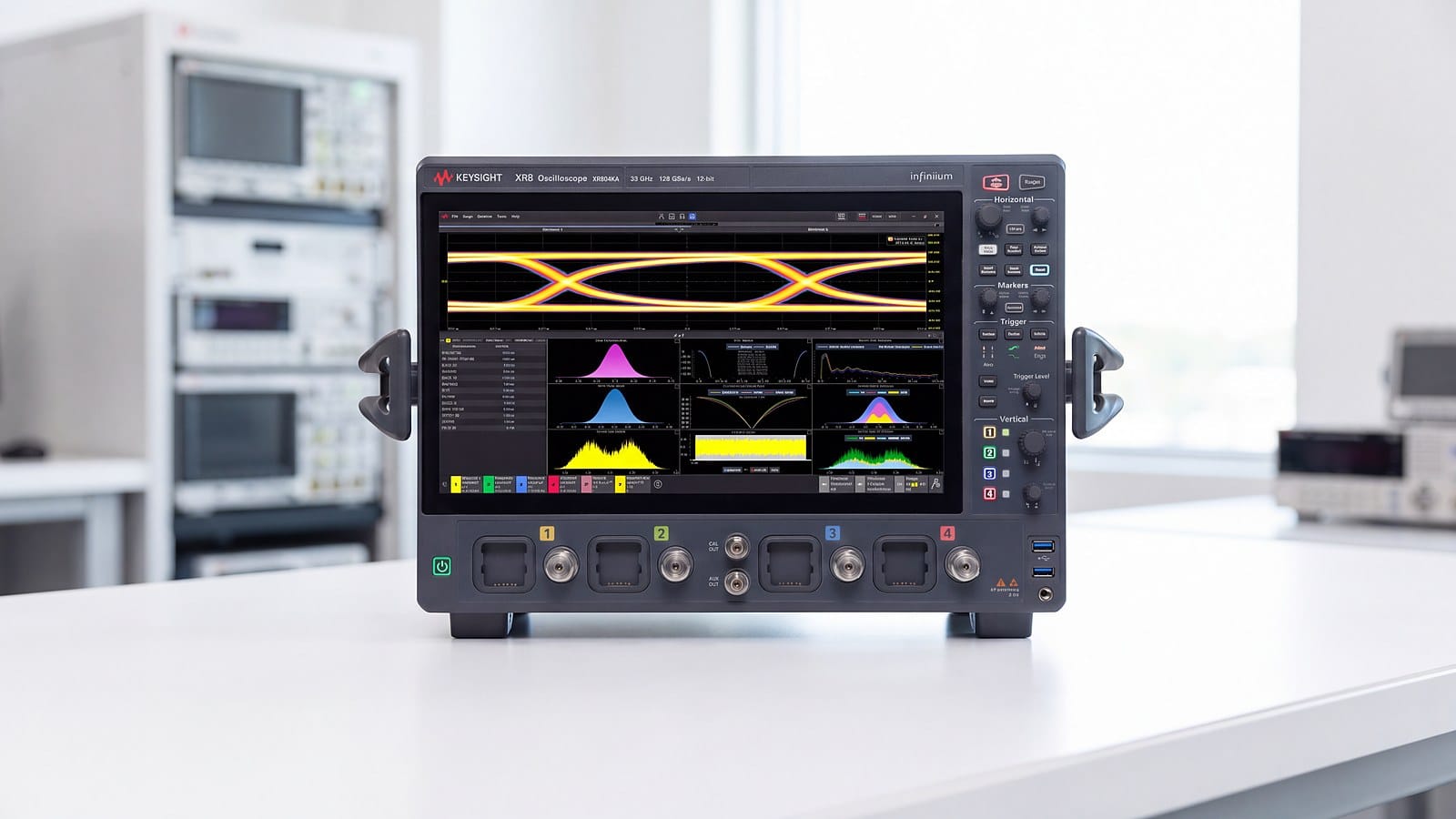 Máy hiện sóng XR8 Keysight XR804KA trên bàn phòng kiểm thử tuân thủ, nhìn chính diện