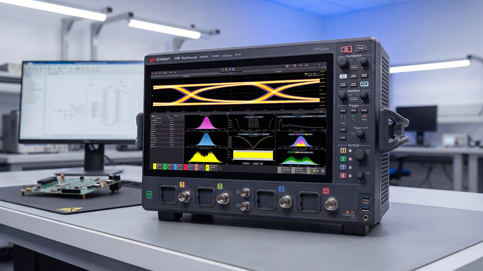 Máy hiện sóng XR8 Keysight XR804KA trên bàn đo phòng lab R&D thiết kế mạch tốc độ cao, bên cạnh bo mạch đánh giá
