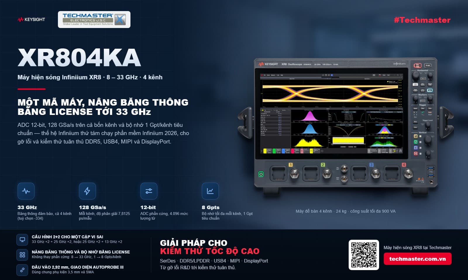 Máy hiện sóng XR8 Keysight Infiniium XR804KA: băng thông 8 tới 33 GHz, 128 GSa/s trên 4 kênh, ADC 12-bit