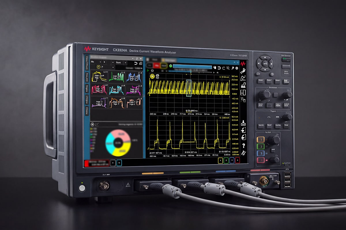 Keysight CX3324A bốn kênh với màn hình cảm ứng 14,1 inch và các cảm biến dòng cắm ở mặt trước