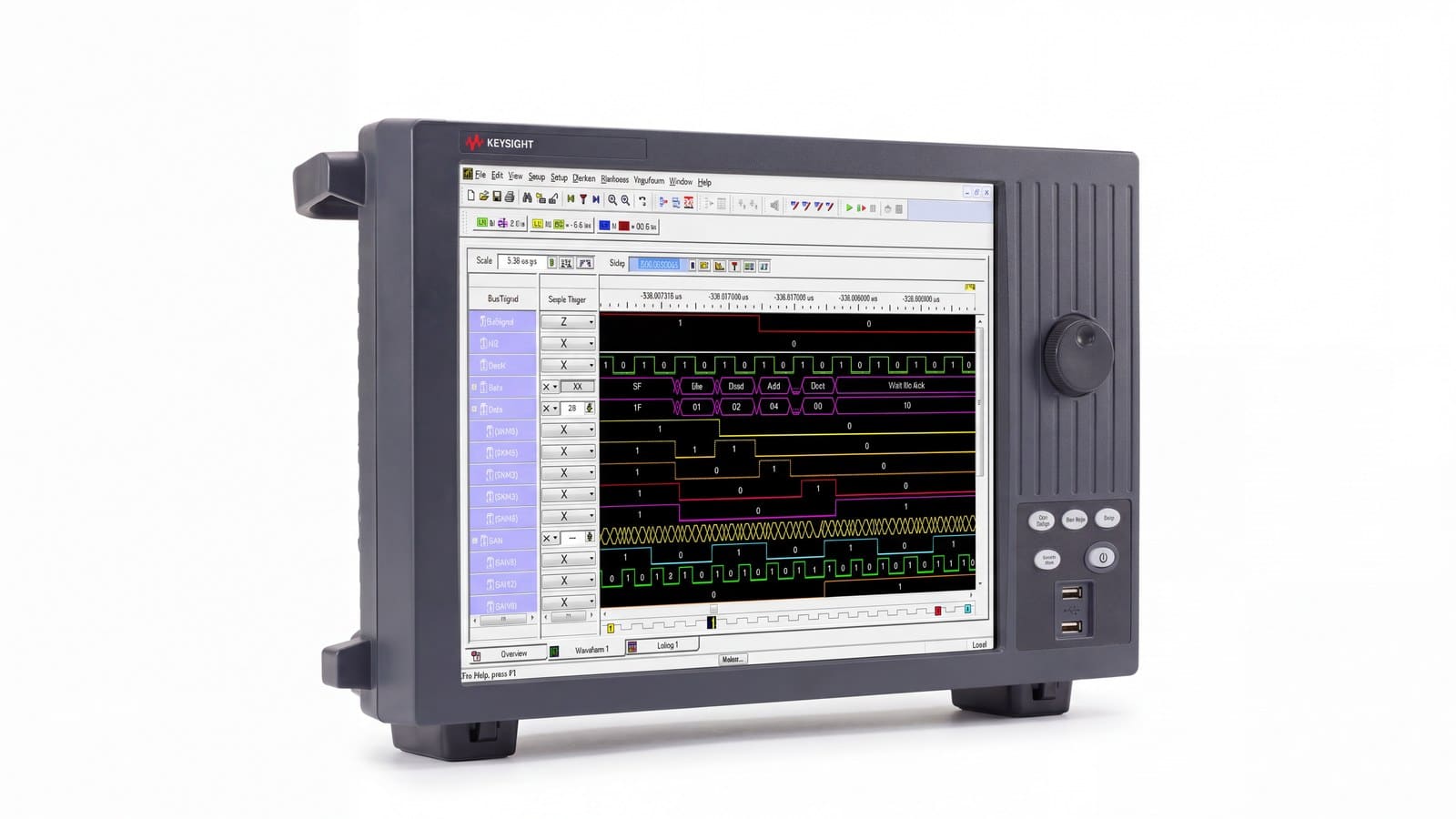 Kỹ sư dùng máy phân tích logic Keysight 16861A gỡ lỗi bo mạch tại trạm kiểm tra nhà máy
