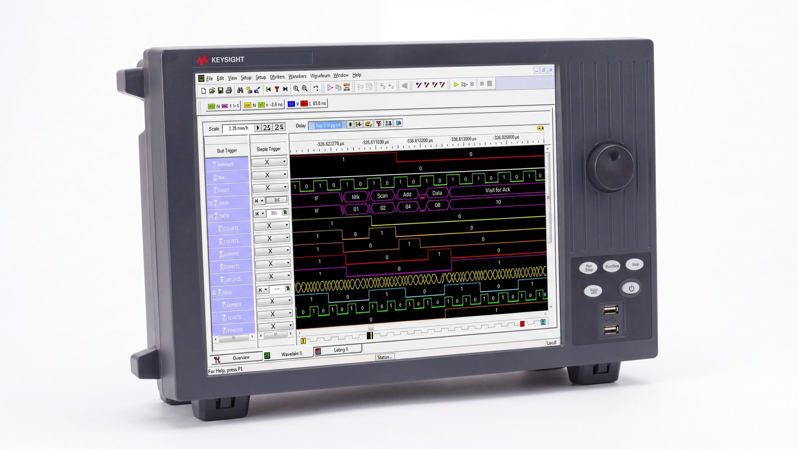 Đầu dò của máy phân tích logic Keysight 16862A kết nối vào bo mạch số để đo bus dữ liệu