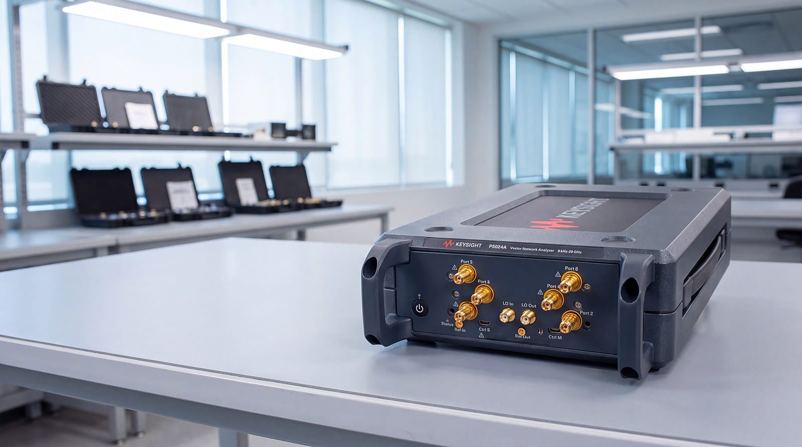 Máy phân tích mạng đa cổng Keysight P5024A trên bàn thí nghiệm trong phòng lab RF