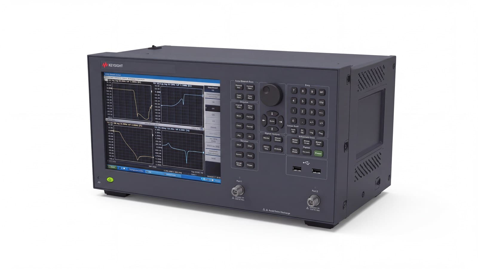 Máy phân tích mạng Keysight nhìn từ góc nghiêng cho thấy thân máy và cổng đo