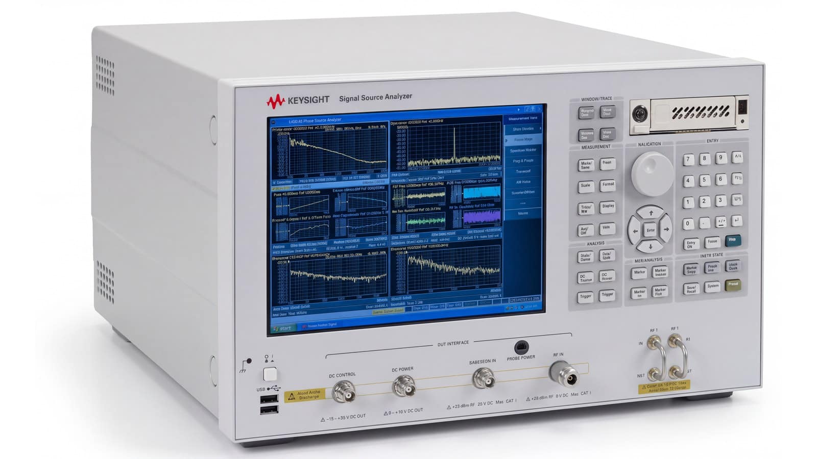 Keysight E5052B nhìn nghiêng, thấy rõ chiều sâu thân máy và cụm cổng RF phía dưới mặt trước