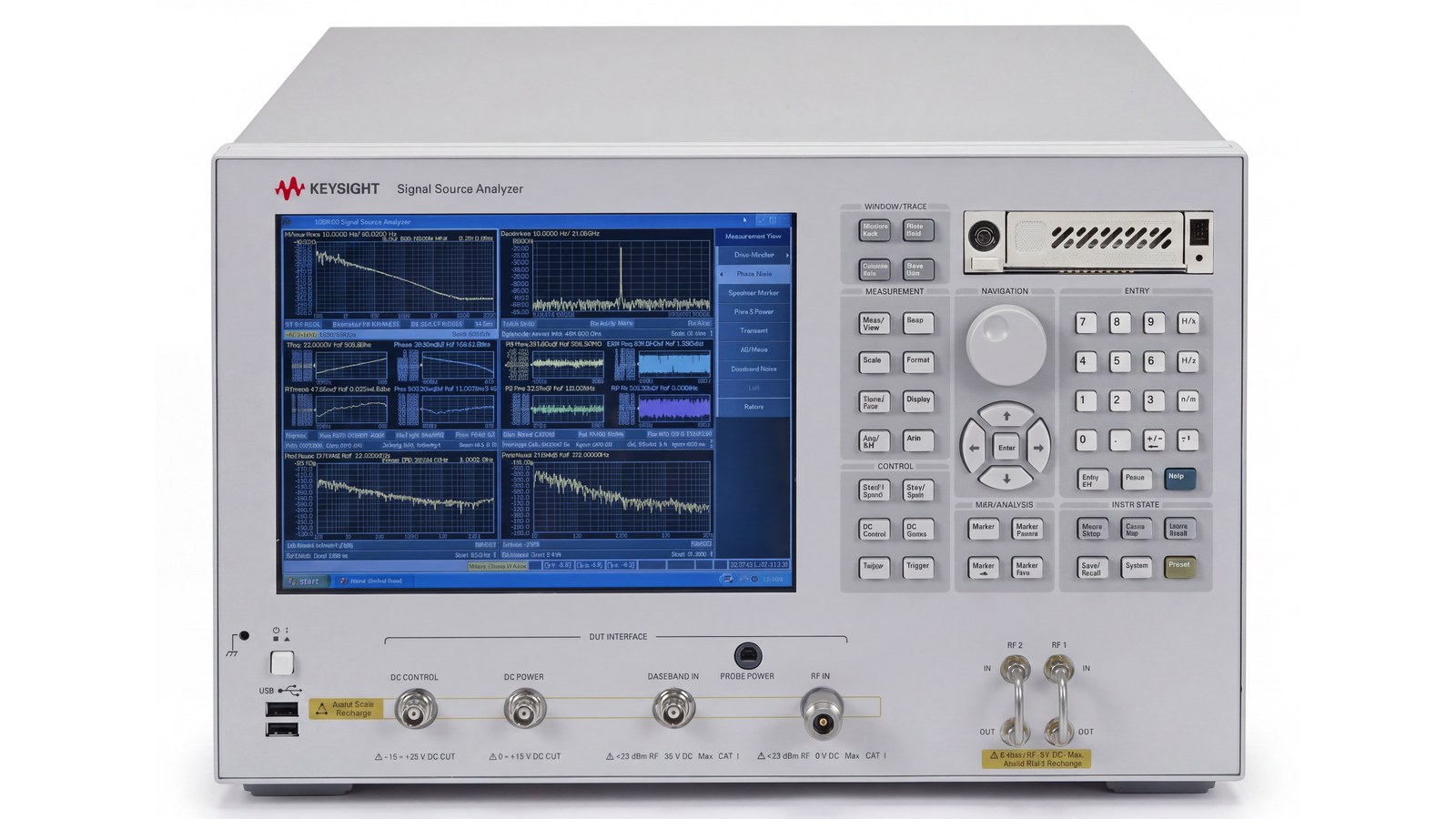 Mặt trước máy phân tích nguồn tín hiệu Keysight E5052B với màn hình đa cửa sổ hiển thị pha nhiễu