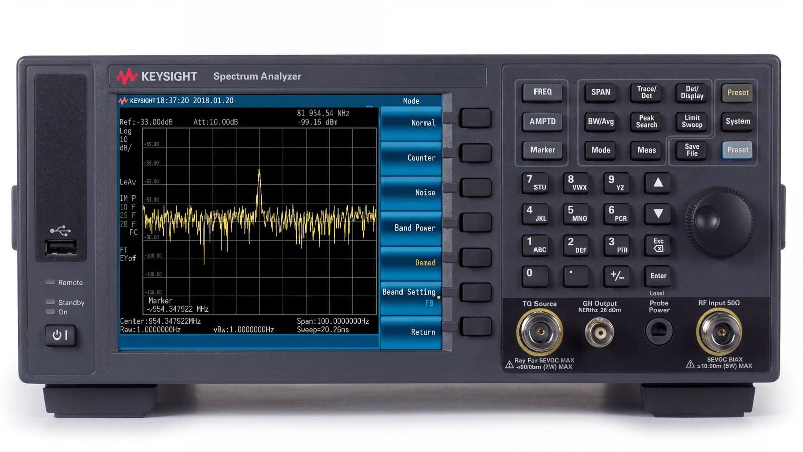 Mặt trước Keysight N9322C với màn hình 6,5 inch, phím PowerSuite và cổng vào RF