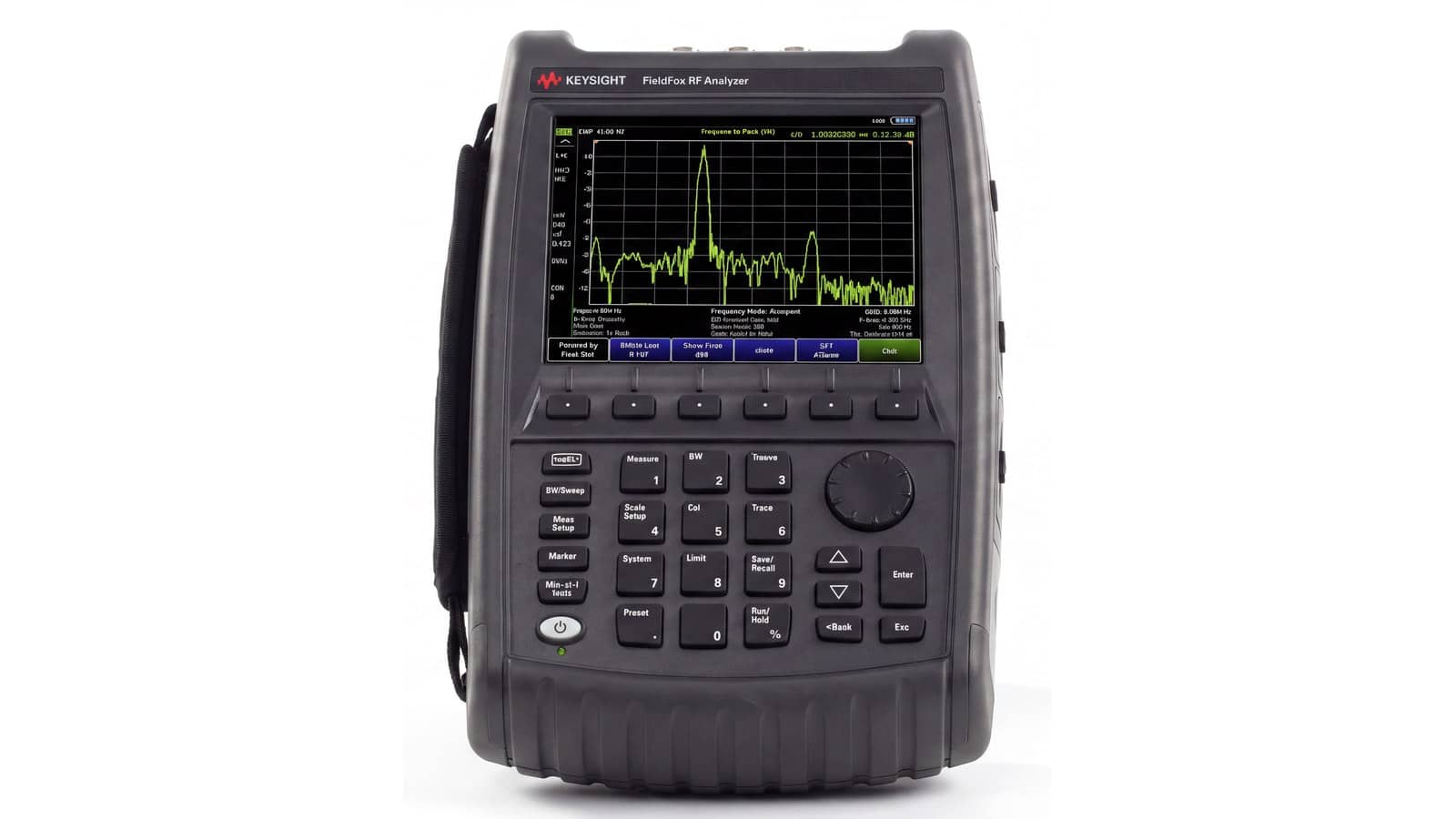 Mặt trước máy phân tích RF cầm tay Keysight N9912A với màn hình phổ và bàn phím đầy đủ