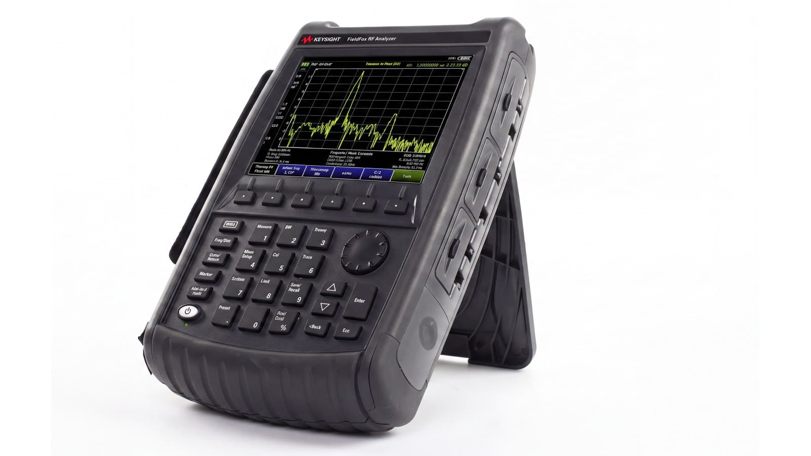 Máy phân tích RF cầm tay Keysight N9912A FieldFox góc 3/4 trên nền studio trắng