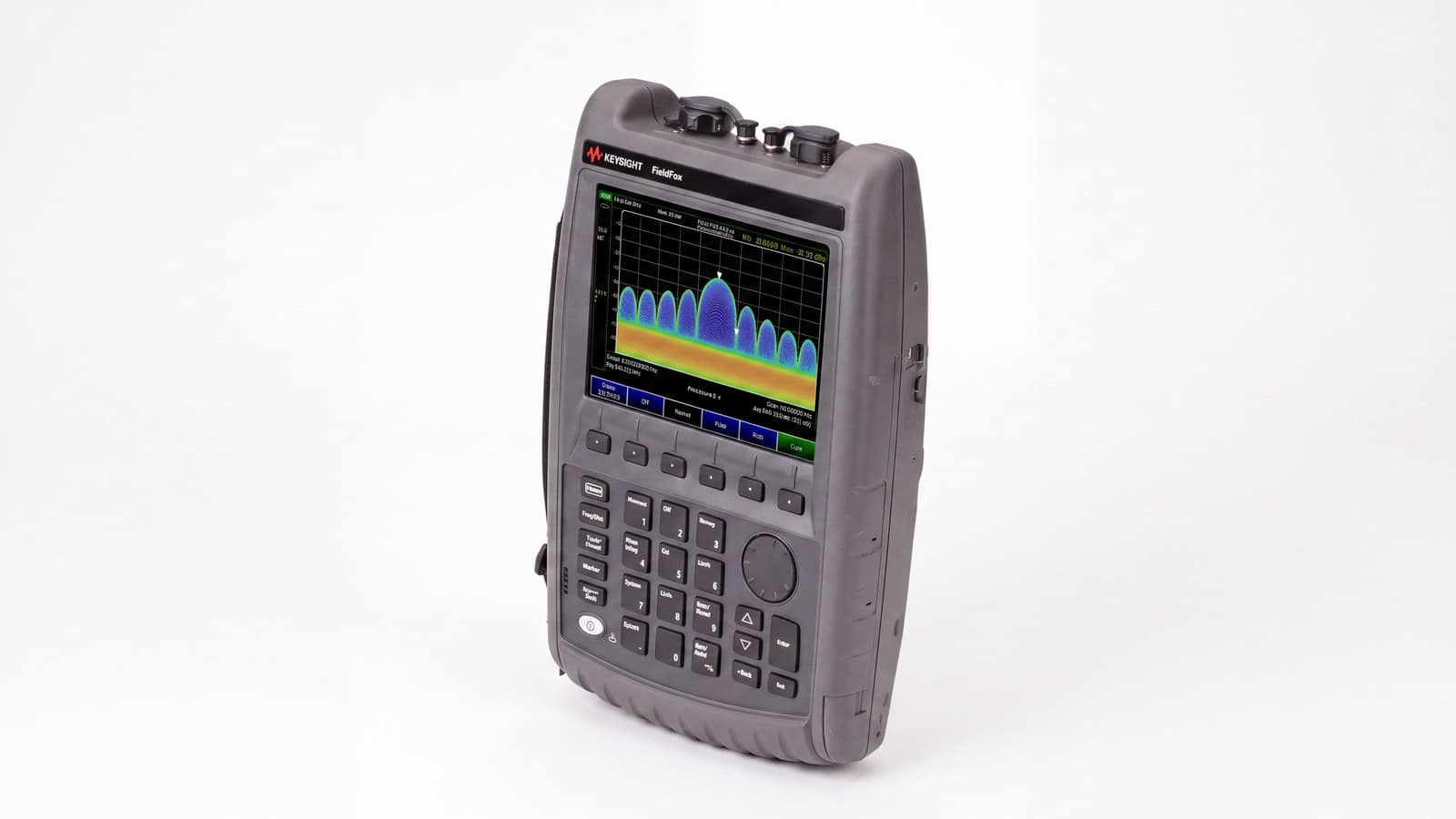 Keysight N9918D nhìn nghiêng cho thấy thân máy và cụm đầu nối phía trên, FieldFox Keysight cầm tay