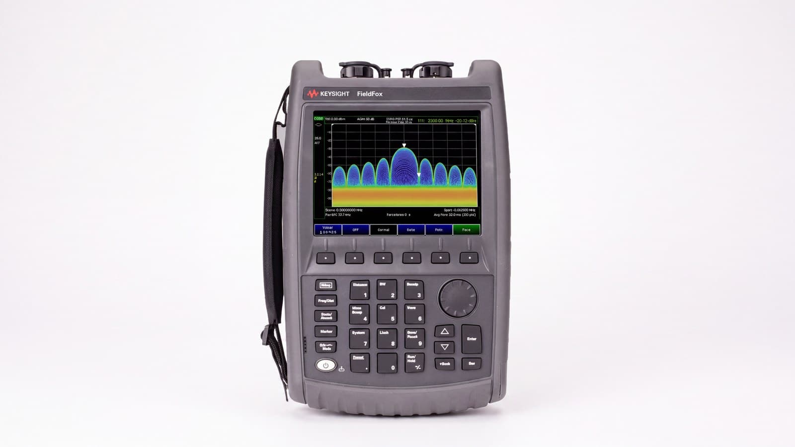 Mặt trước Keysight N9918D: màn hình hiển thị phổ tần và bàn phím cao su chống nước