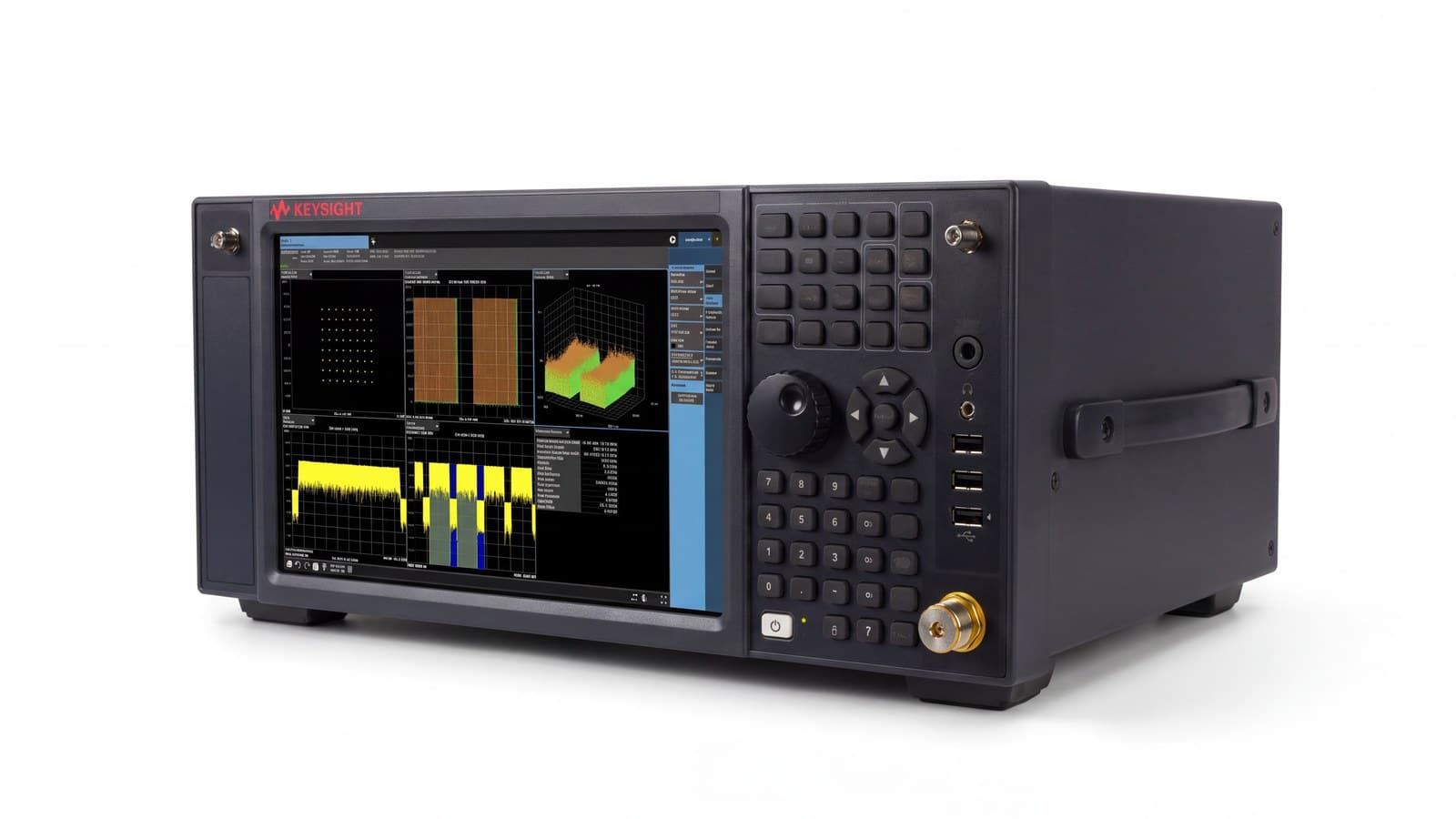 Keysight N9032B nhìn từ góc nghiêng cho thấy chiều sâu thân máy và hông máy