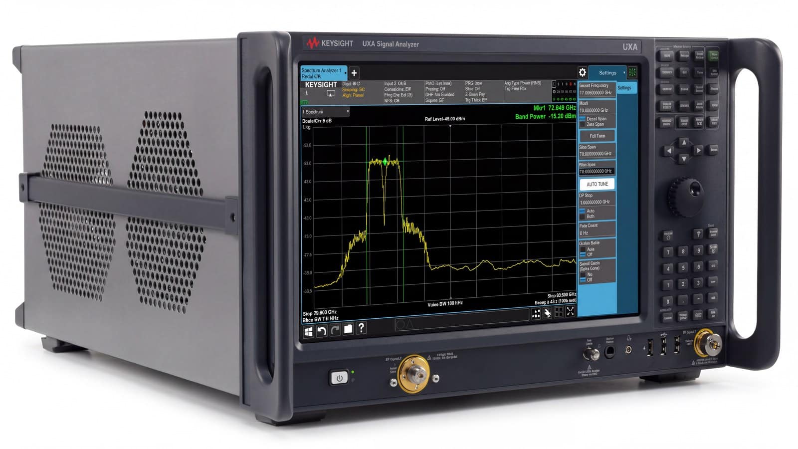 Máy phân tích phổ Keysight N9041B nhìn từ góc nghiêng, thấy thân máy và màn hình phổ