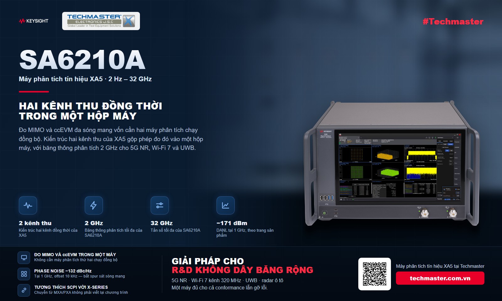 Máy phân tích tín hiệu Keysight XA5 SA6210A: hai kênh thu đồng thời, 2 Hz đến 32 GHz, băng thông phân tích 2 GHz