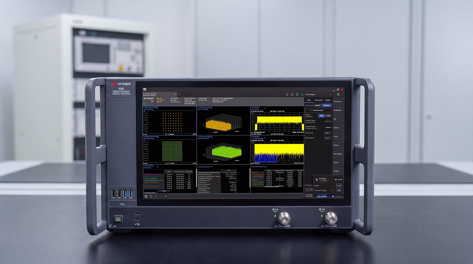 Máy phân tích tín hiệu Keysight XA5 SA6210A đặt trên bàn ESD trong phòng lab RF, hai cổng RF In nằm dọc mép dưới mặt máy