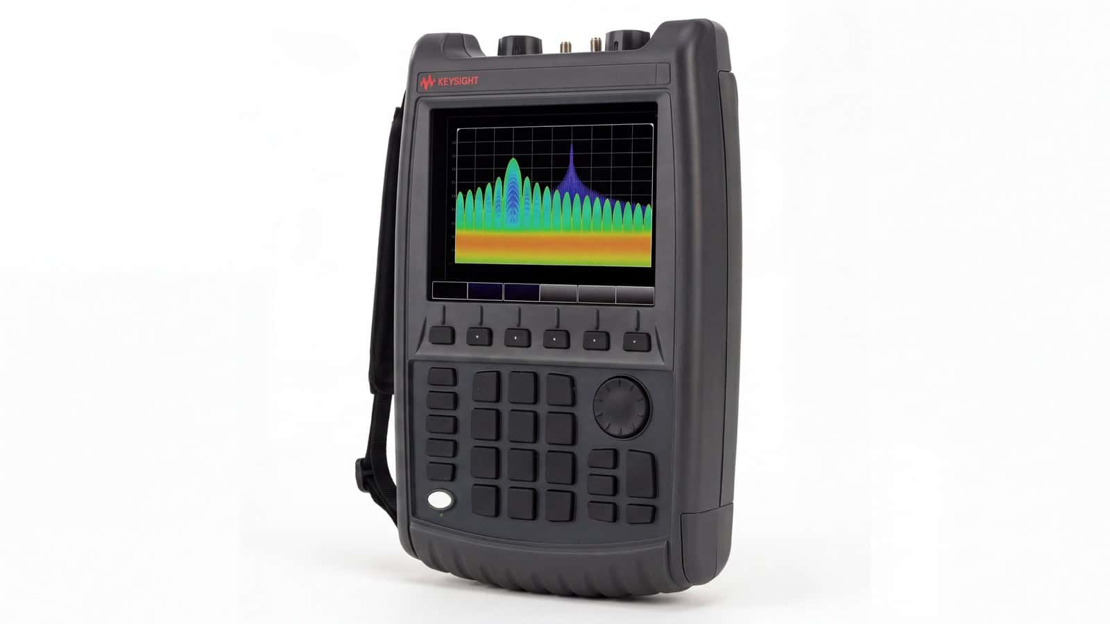 Keysight N9917B FieldFox nhìn nghiêng cho thấy thân máy bọc chống va đập và hai cổng RF
