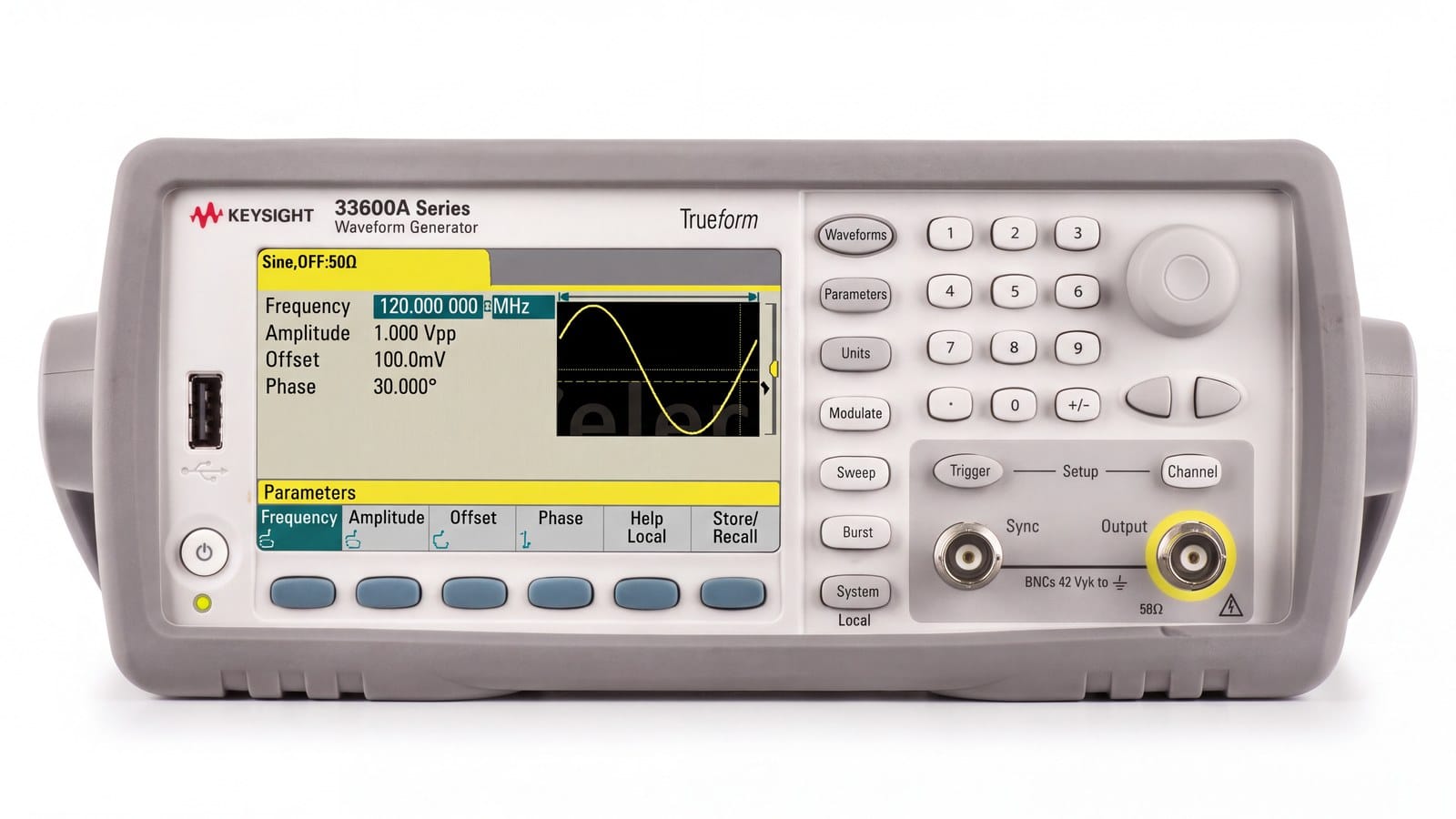 Mặt trước Keysight 33622A với hai ngõ ra kênh và màn hình đồ họa