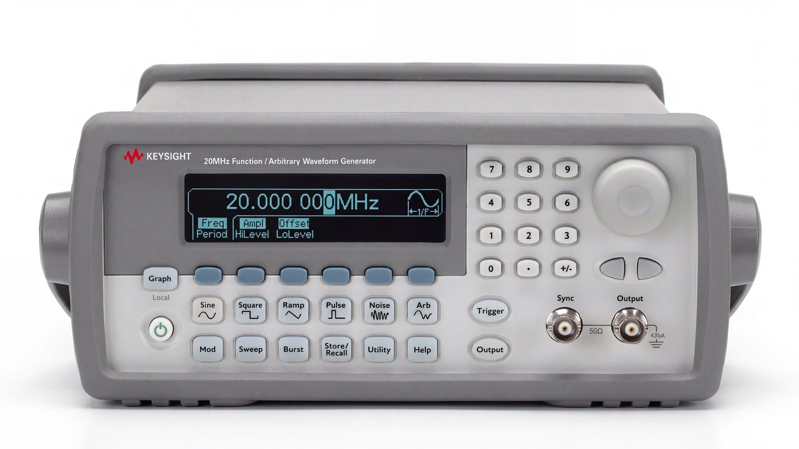 Mặt trước Keysight 33220A với núm xoay, bàn phím số và màn hình hiển thị dạng sóng