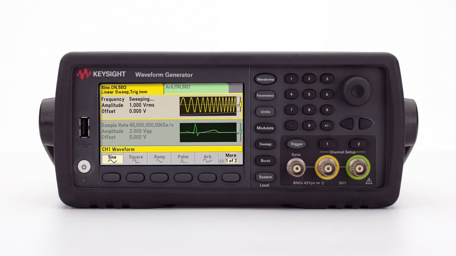 Mặt trước máy phát sóng hàm Keysight 33519B với màn hình màu 4,3 inch