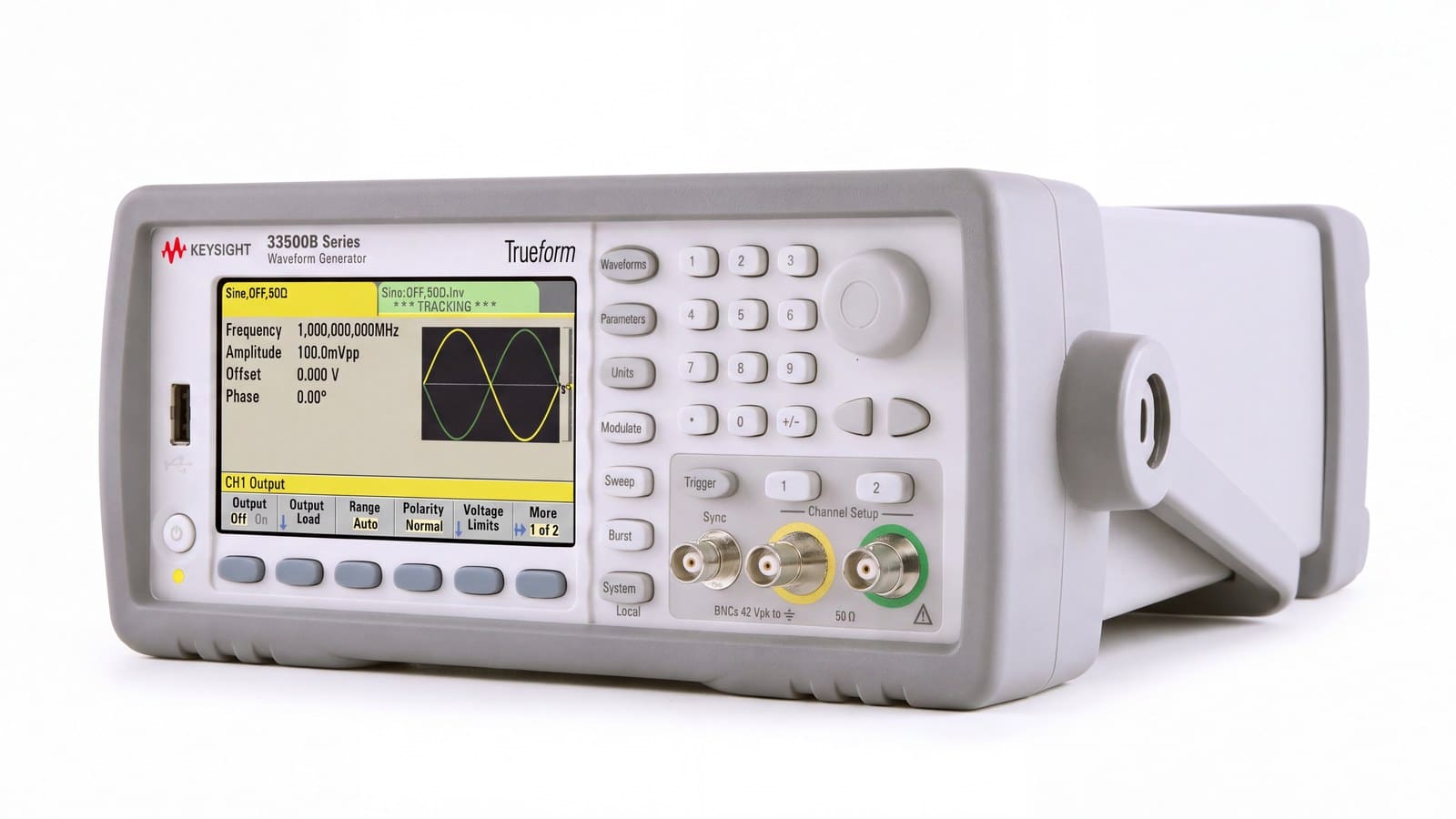 máy phát sóng hàm Trueform hai kênh Keysight 33520B chụp studio nền trắng góc 3/4