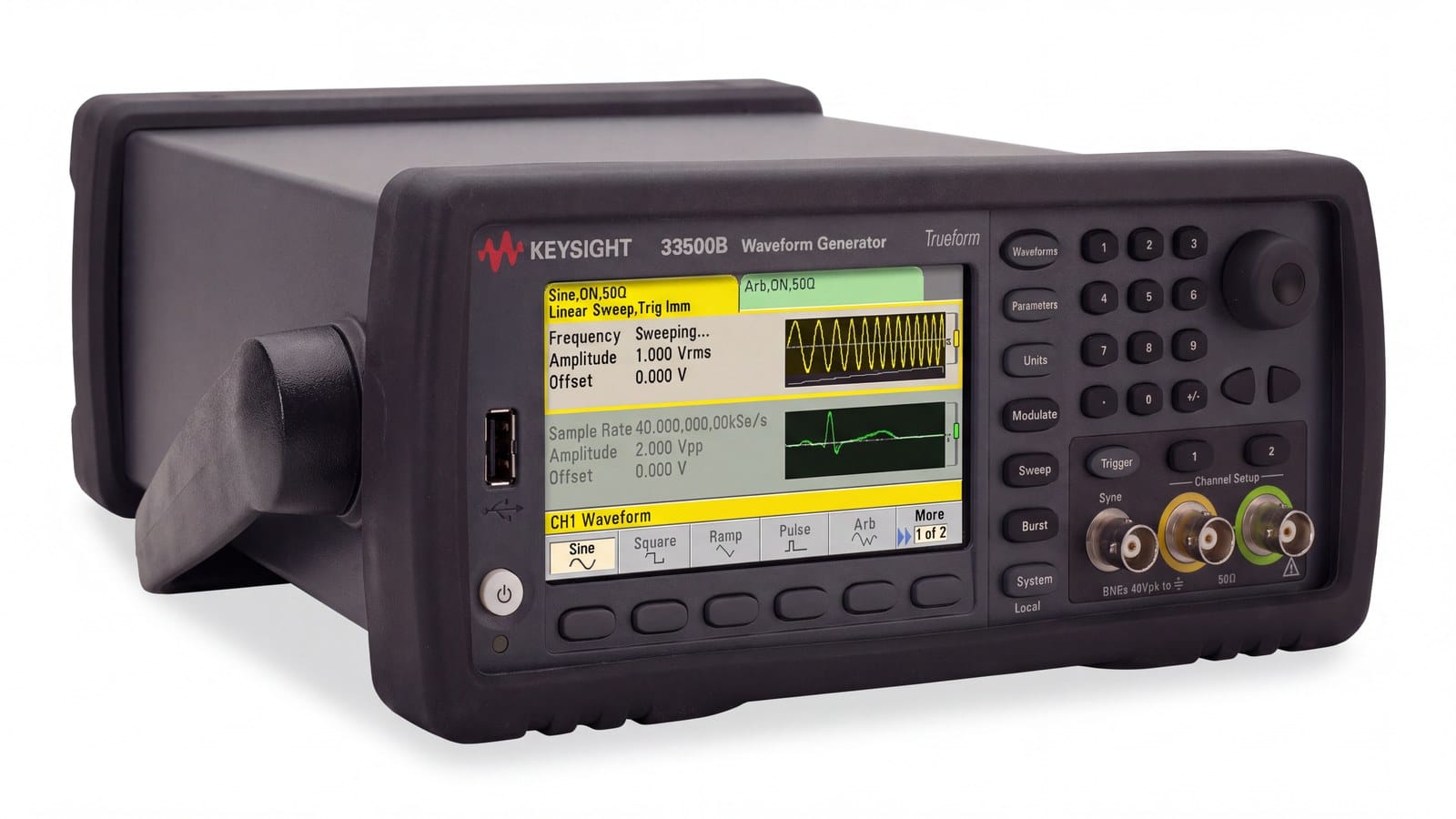 Keysight 33522B nhìn nghiêng cho thấy thân máy, thuộc nhóm máy phát sóng hàm và sóng tùy ý Keysight