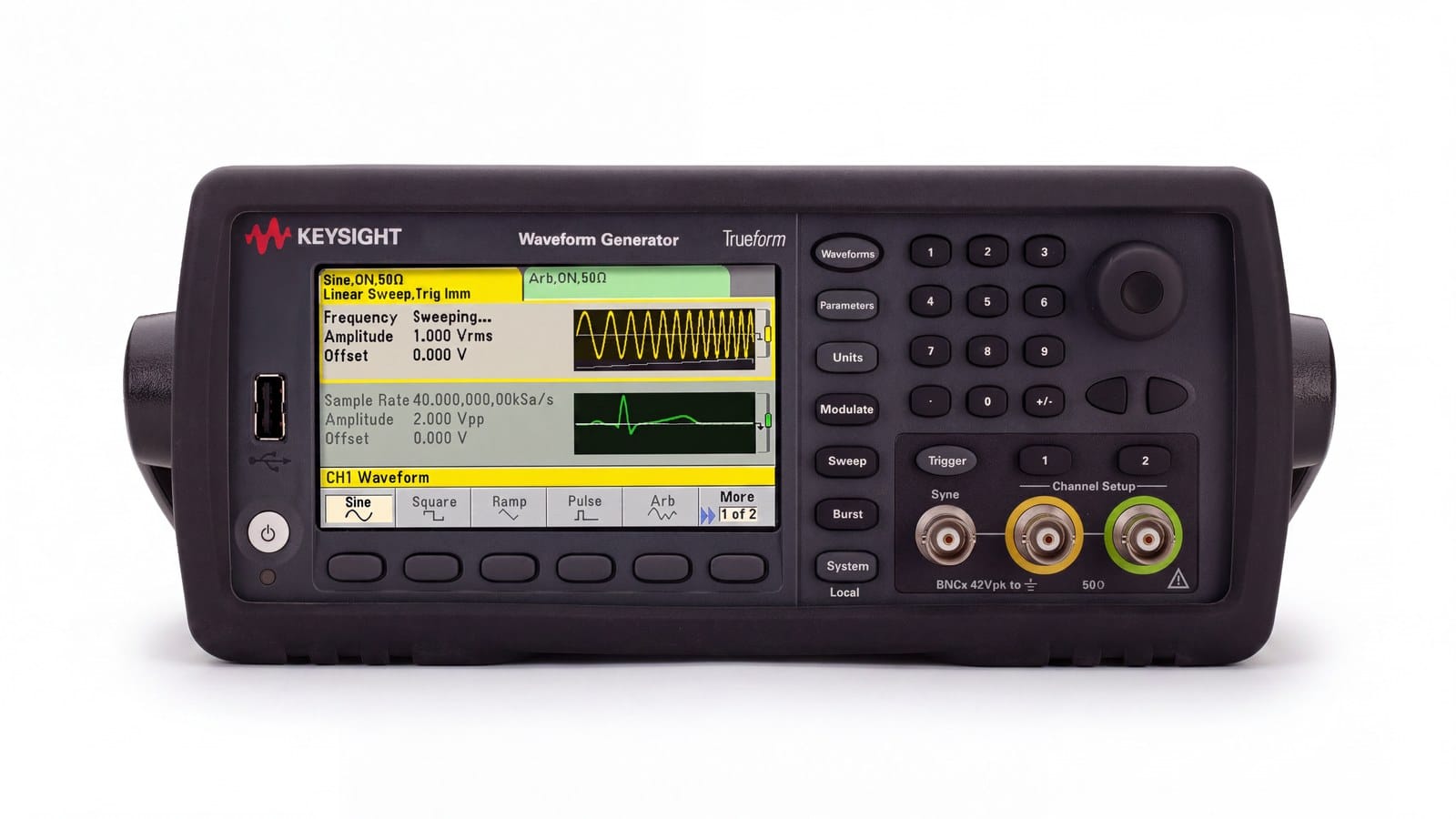 Mặt trước Keysight 33522B: màn hình màu hiển thị thông số sóng, cụm phím Waveforms, Parameters, Modulate, Sweep, Burst