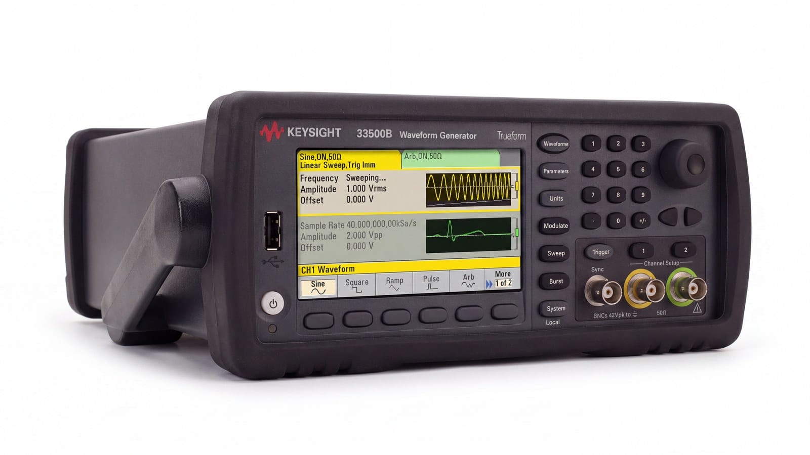Máy phát dạng sóng tùy ý Keysight 33522B hai kênh 30 MHz công nghệ Trueform, ảnh studio góc 3/4