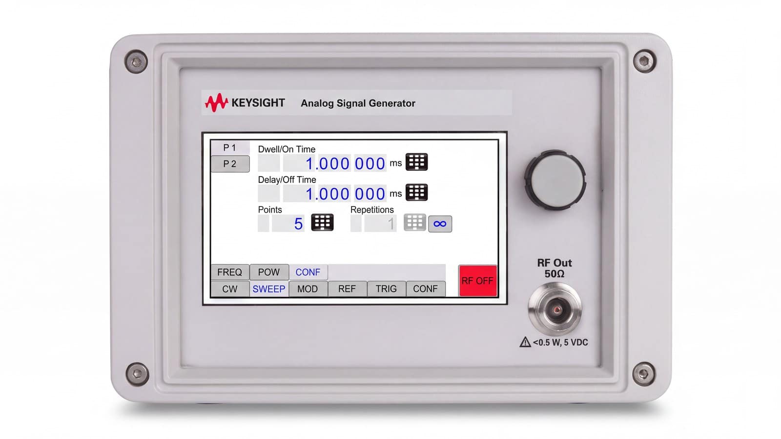 Mặt trước Keysight AP5001A với màn hình cảm ứng và ngõ ra RF N-female