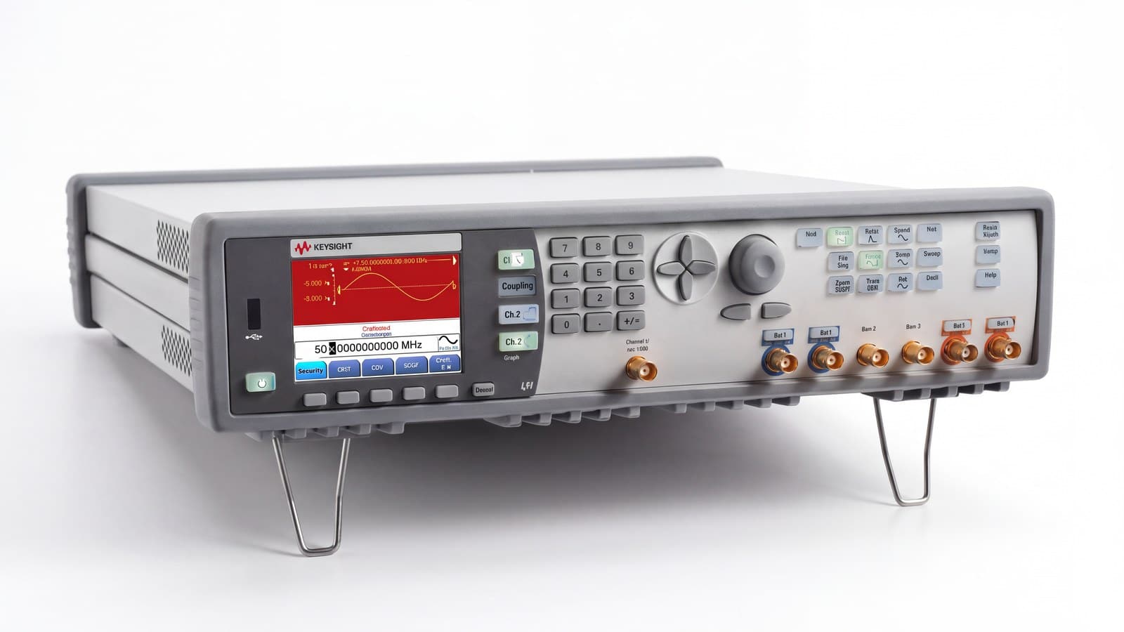 Máy phát xung Keysight nhìn từ góc nghiêng, các cổng BNC ngõ ra và ngõ trigger