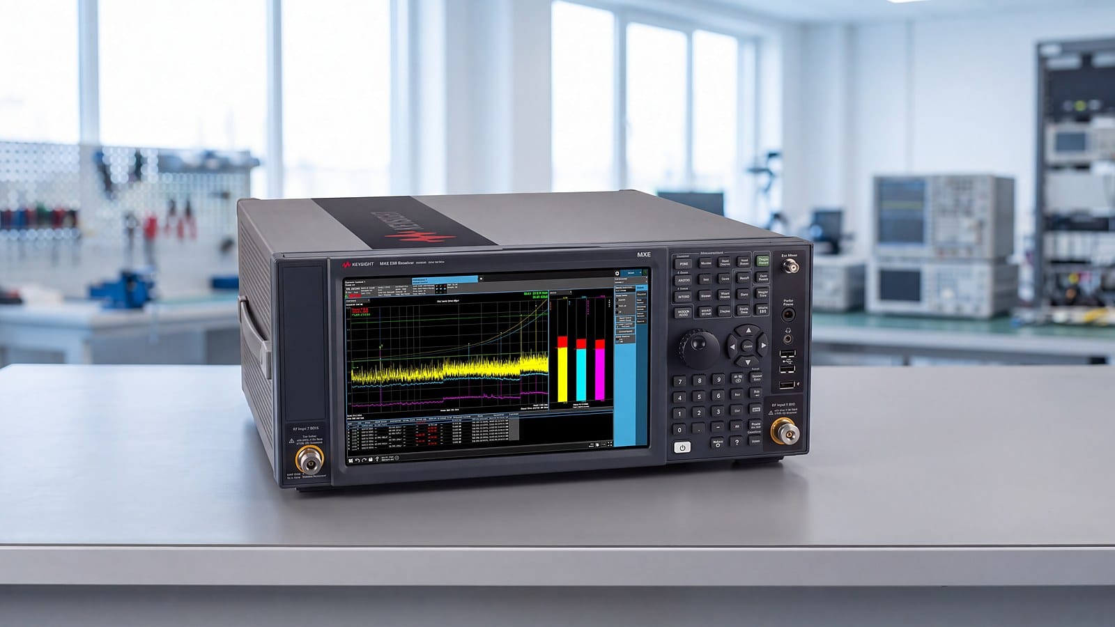 Máy thu đo EMI Keysight N9038B trên bàn đo trong phòng lab RF