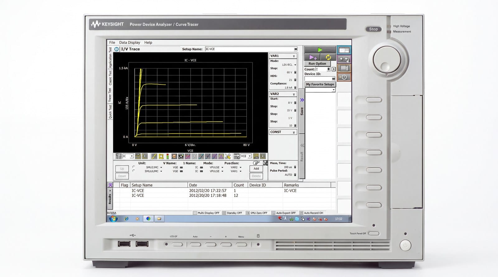 máy vẽ đặc tuyến Keysight B1505A hiển thị đặc tuyến IC-VCE khi đo điện áp bão hoà Vce(sat)