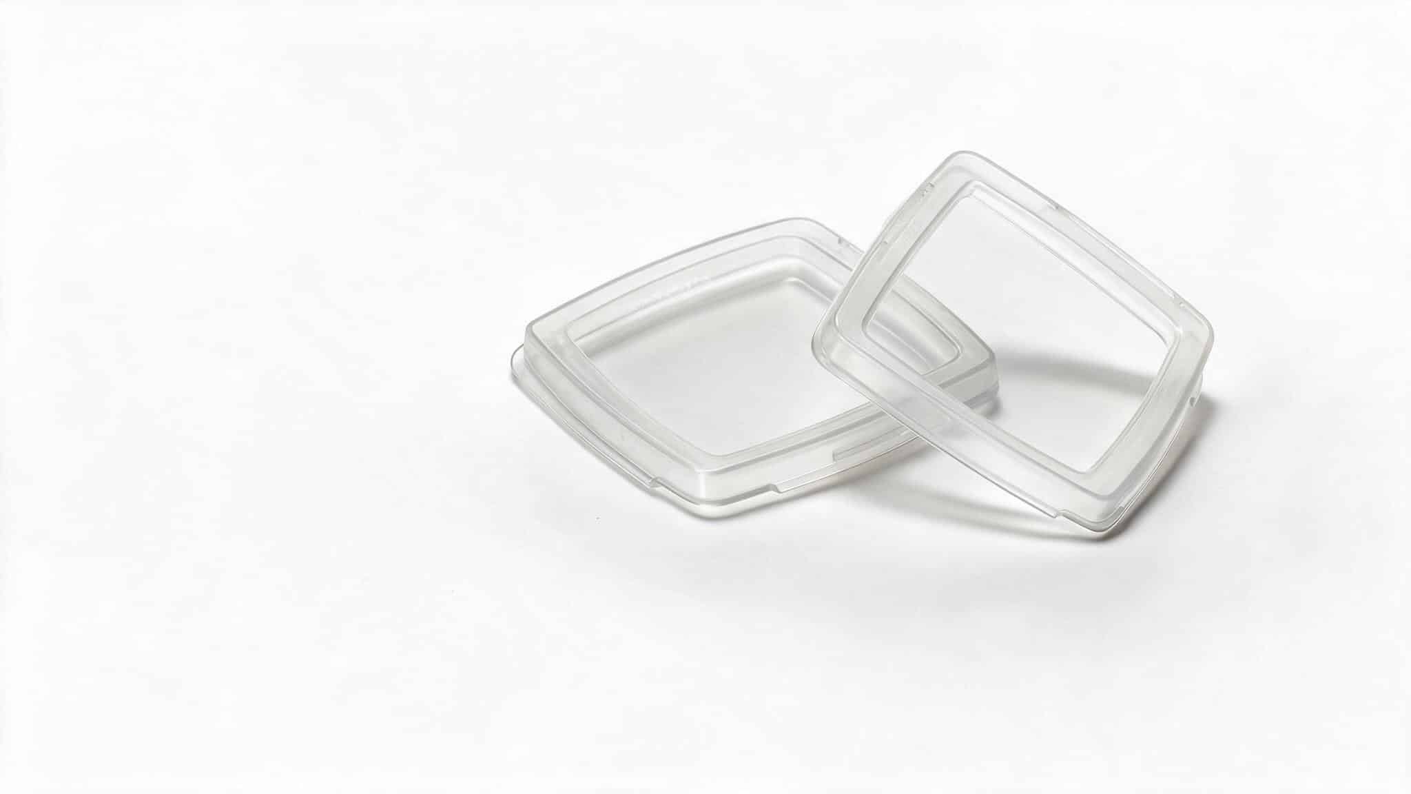 Hai nắp giữ tấm lọc 3M Secure Click D701 bằng nhựa trong trên nền trắng