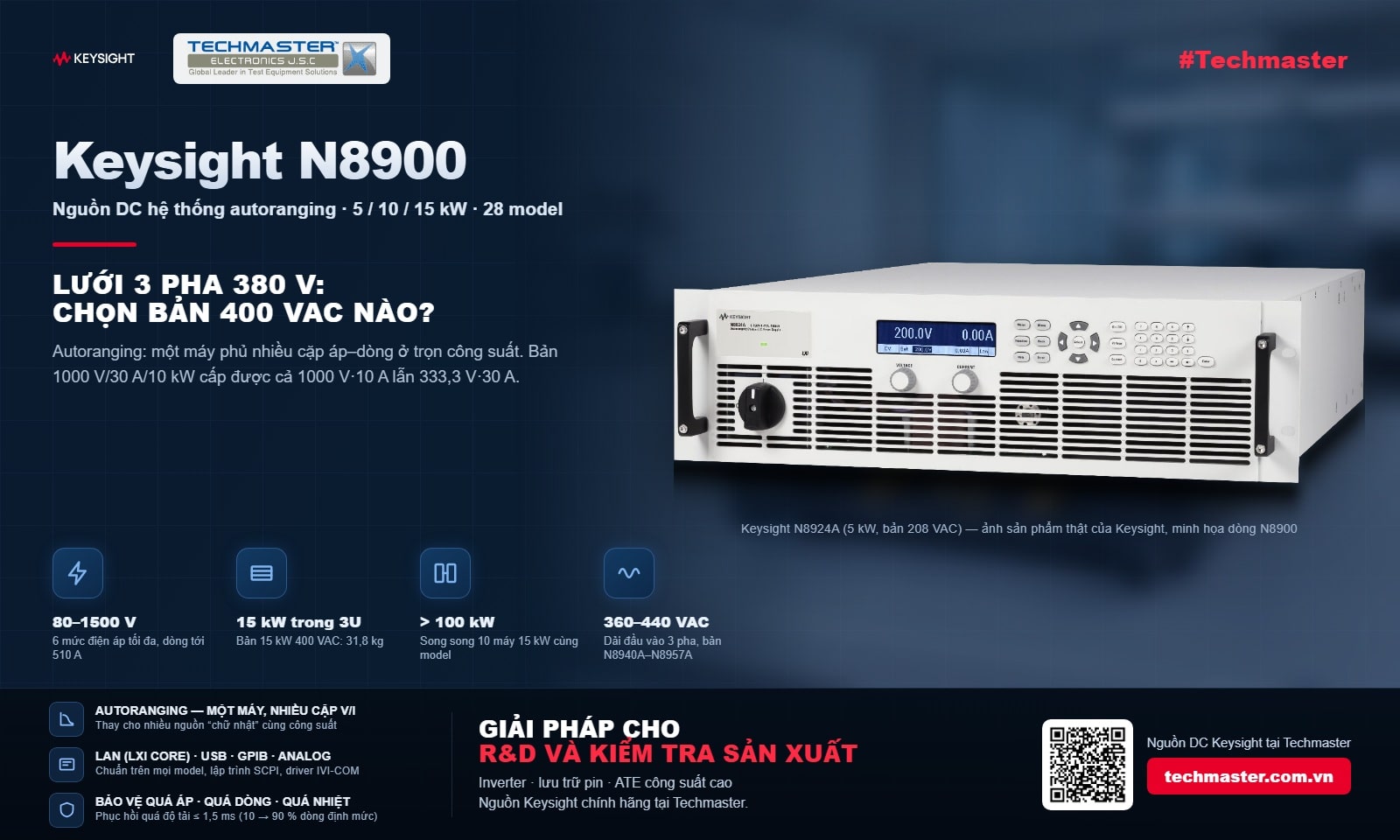 Nguồn DC autoranging Keysight N8900 5–15 kW: chọn bản 400 VAC cho lưới ba pha 380 V