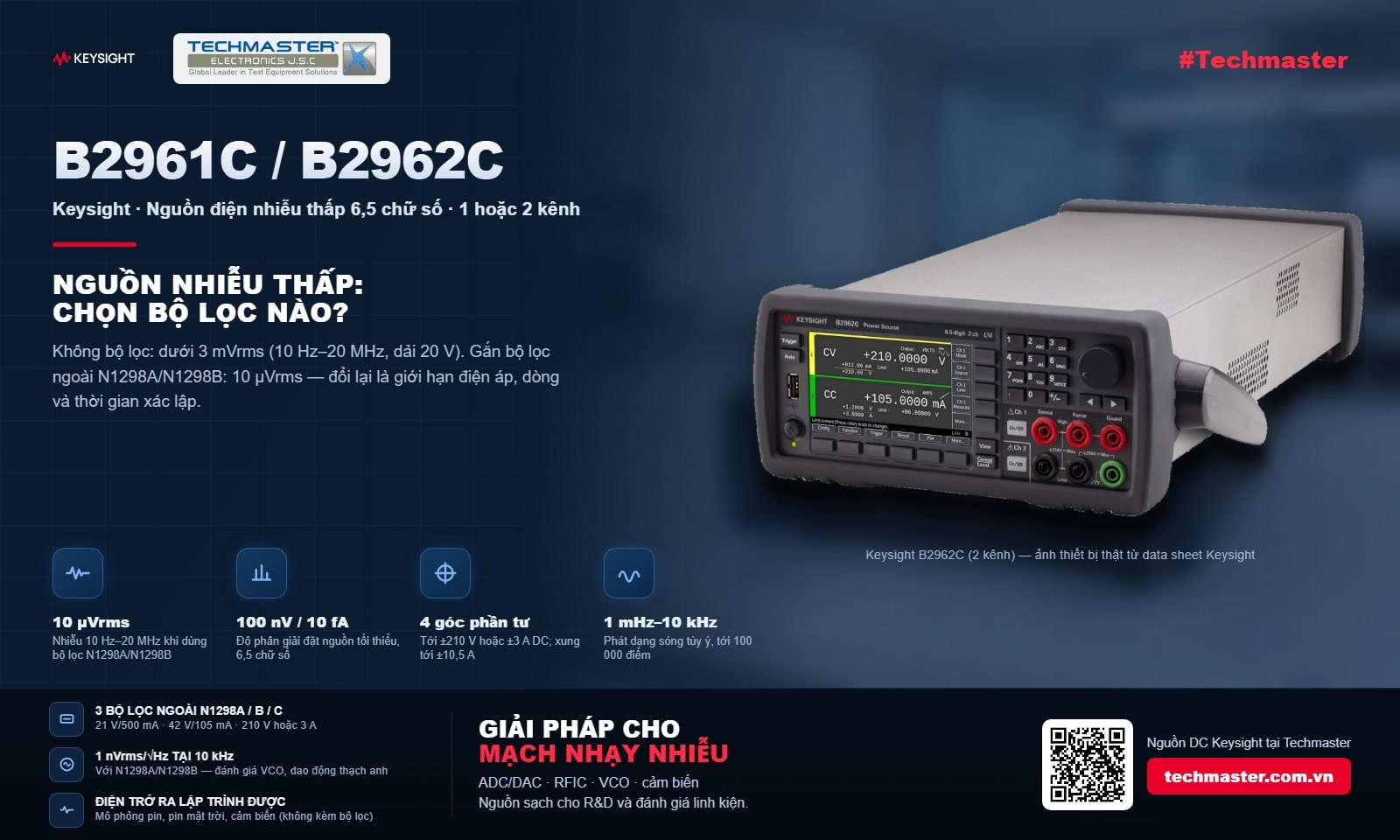 Nguồn điện nhiễu thấp Keysight B2961C/B2962C 6,5 chữ số và ba bộ lọc nhiễu N1298