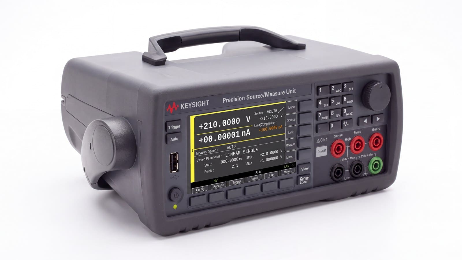 SMU Keysight B2901C nhìn nghiêng thấy thân máy và cụm đầu nối